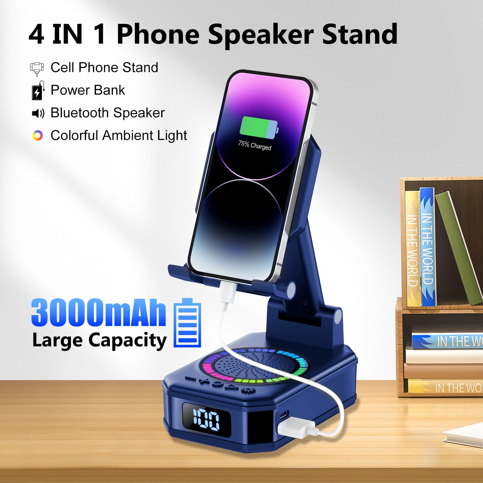 Gifts for Men Women, Phone Stand with Bluetooth Speaker, Anti-Slip Base, 4-in-1 Design with RGB, Foldable Phone Charger Stand with Wireless Speaker, Ideal for Dad Mom, Tech Gadget Stocking Fillers