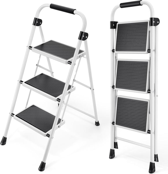 KINGRACK Folding 3-Step Ladder with Non-Slip Pedals, Sturdy Steel, Lightweight & Portable, Red