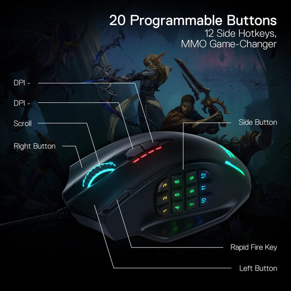 Redragon M908 Impact RGB LED MMO Mouse with Side Buttons Optical Wired Gaming Mouse with 12,400DPI, High Precision, 20 Programmable Mouse Buttons
