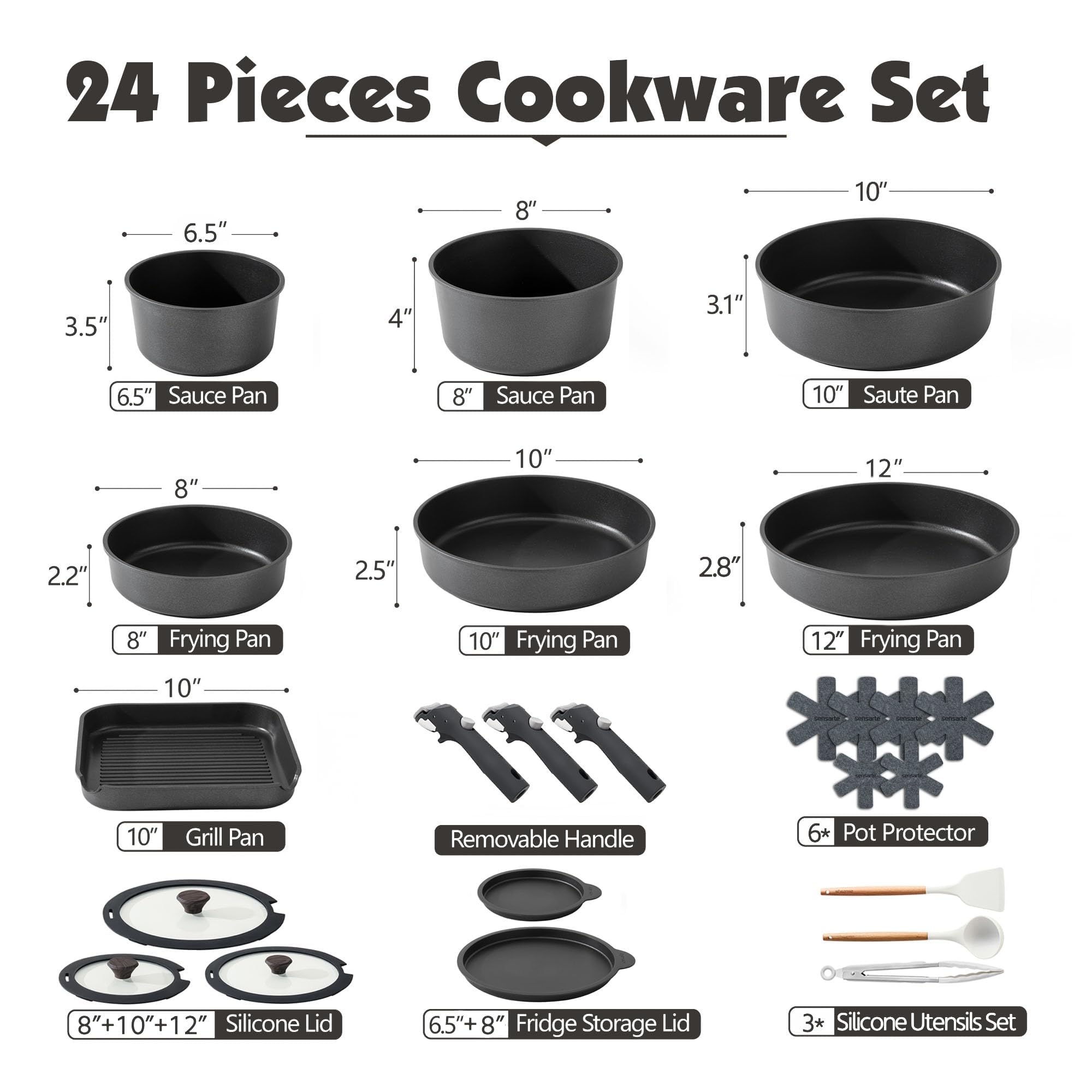 SENSARTE 17 Piece Pots and Pans Set, Nonstick Detachable Handle Cookware, Induction Kitchen Cookware Set with Removable Handle, Healthy Non Stick RV Cookware, Oven Safe (Black)