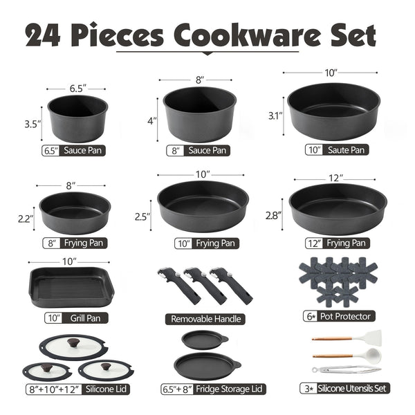 SENSARTE 17 Piece Pots and Pans Set, Nonstick Detachable Handle Cookware, Induction Kitchen Cookware Set with Removable Handle, Healthy Non Stick RV Cookware, Oven Safe (Black)