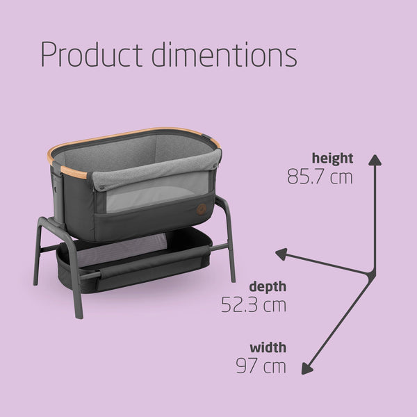 Maxi-Cosi Iora Co-Sleeper Crib, Foldable Baby Bedside Crib, 0–6 Months, max 9 kg, 4 Incline & 5 Height Positions, Easy Slide, Comfortable Mattress, Large Basket, Easy to Carry, Essential Grey