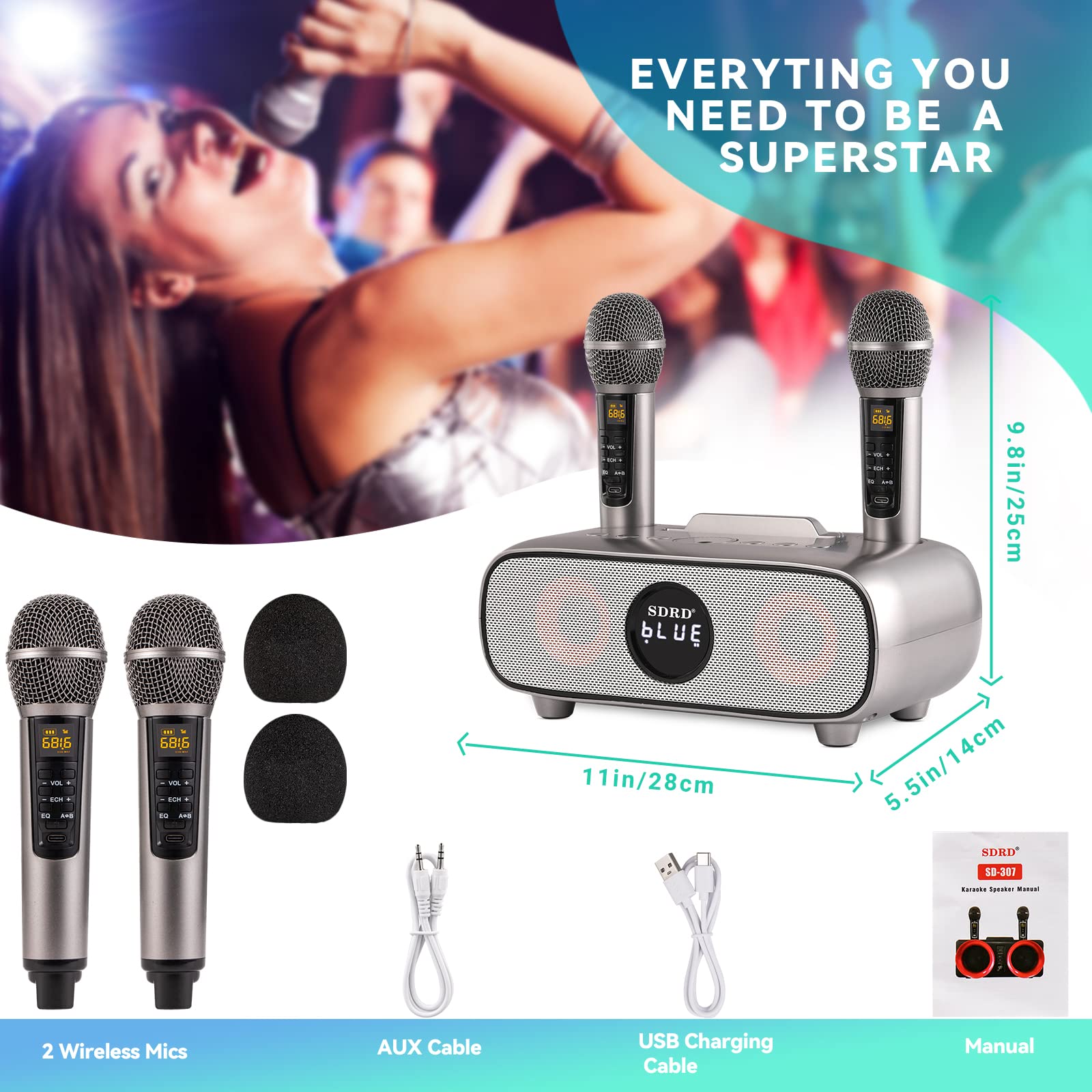 Upgrade Karaoke Machine for Adults and Kids,Portable Bluetooth 2 UHF Wireless Karaoke Microphone with Holder/USB/TF Card/AUX-in,PA Speaker System for Home Party, Picnic,Car,Outdoor/Indoor-Grey