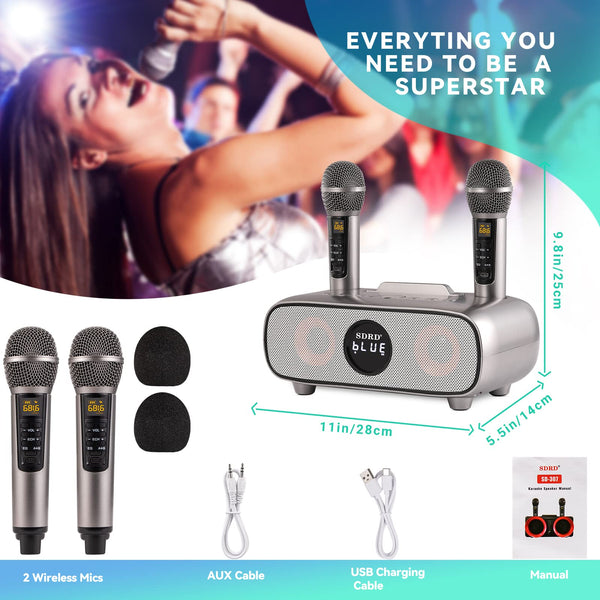 Upgrade Karaoke Machine for Adults and Kids,Portable Bluetooth 2 UHF Wireless Karaoke Microphone with Holder/USB/TF Card/AUX-in,PA Speaker System for Home Party, Picnic,Car,Outdoor/Indoor-Grey