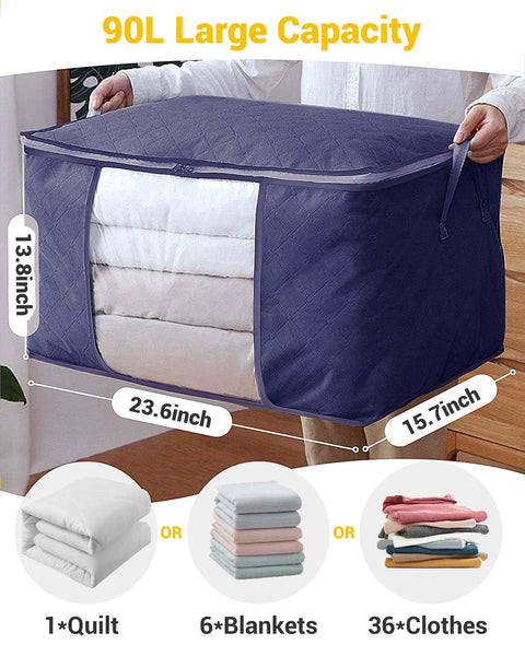KALAHOL 90L Large Capacity Clothes Storage Bags with Zips, Storage Boxes with Lids, Reinforced Handle, Foldable, Thick Fabric, for Comforters, Clothes, Blankets, Bedding, 4 Pack, Dark Grey
