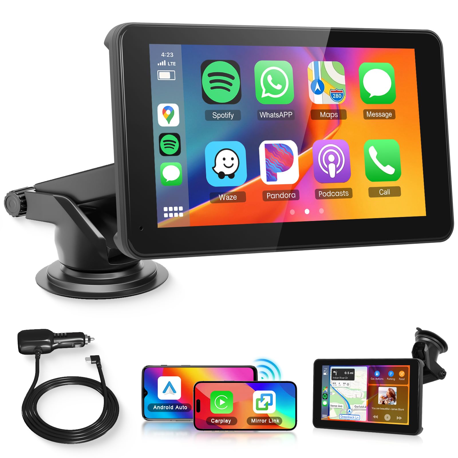 Wireless Carplay Android Auto Screen Portable Car Stereo, Hodozzy 7 Inch HD IPS Touch Screen Car Radio with OTA SuperLink/Mirror Link/Bluetooth/Voice Control/AUX/FM Transmitter+HD Backup Camera