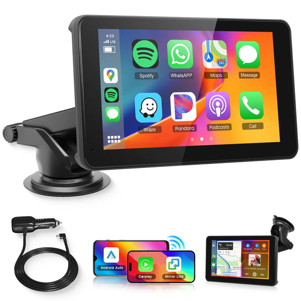 Wireless Carplay Android Auto Screen Portable Car Stereo, Hodozzy 7 Inch HD IPS Touch Screen Car Radio with OTA SuperLink/Mirror Link/Bluetooth/Voice Control/AUX/FM Transmitter+HD Backup Camera