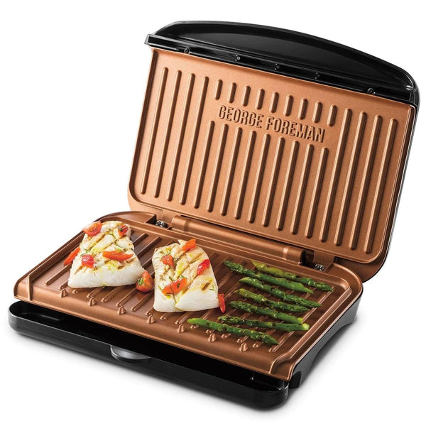George Foreman Large Electric Fit Grill [Non stick, Healthy, Griddle, Toastie, Hot plate, Panini, BBQ, Energy saving, Vertical storage, Easy clean, Drip tray, Ready to cook light] Black, 2400W 25820