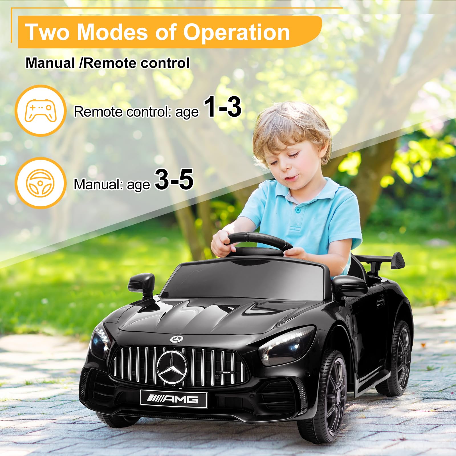 Karlhome 12V Ride on Car, Licensed Mercedes Benz AMG GTR with Parental Remote, 2 Motors Electric Car for Kids to Drive w/Wider Seat, LED Lights, Openable Doors, MP3, Smooth Start, 3 Speeds - Black