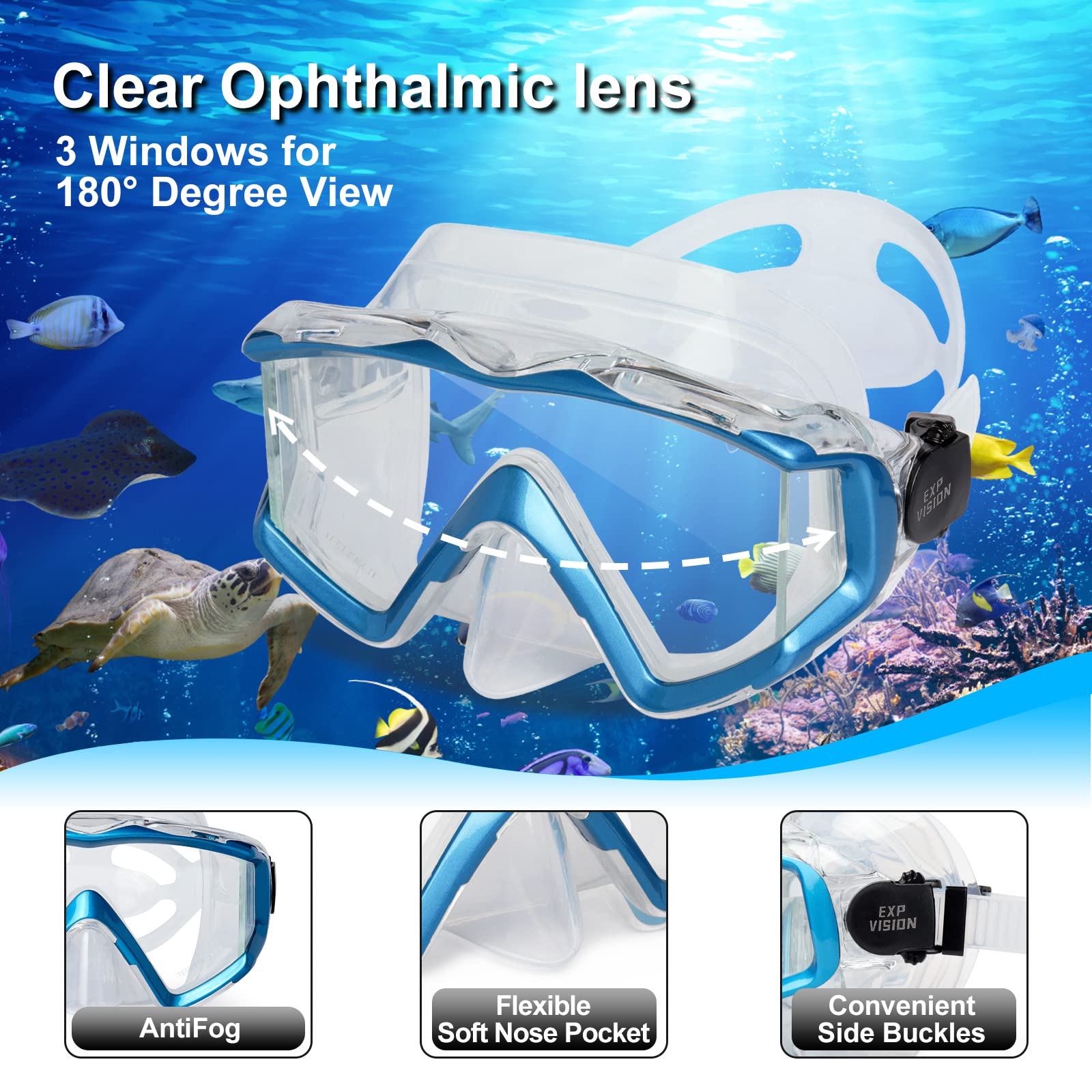 Dry Snorkel Set, Pano 3 Window Snorkel Mask, Anti-Fog Scuba Diving Goggles and Snorkel, Professional Adult Snorkeling Swim Mask Gear (Lake Blue Set)