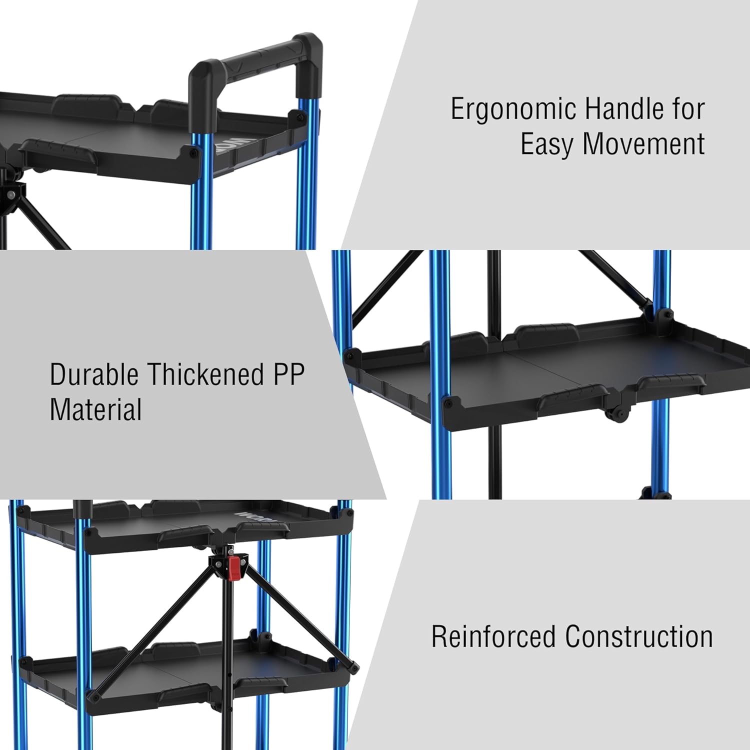WORKPRO 3-Tier Collapsible Service Cart with Wheels, 31.8 kg Capacity & Ergonomic Handle - Folding Cart for Garage, Workshop, Home & Office