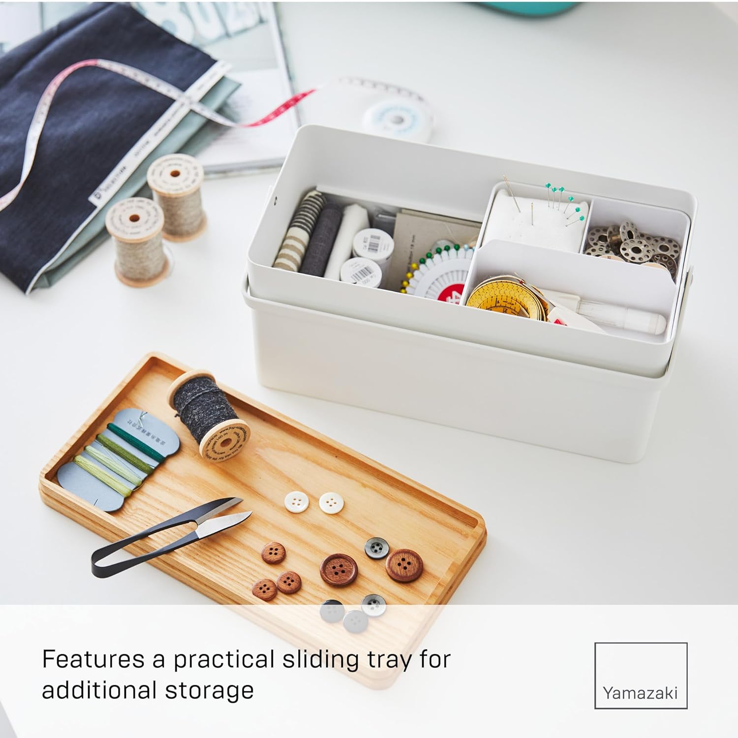 YAMAZAKI 5060 TOWER Sewing Box, White, Steel/Wood/ABS Resin/Cotton/Polyester, Minimalist Design, 27 x 14 x 13.5 cm (LxWxH)