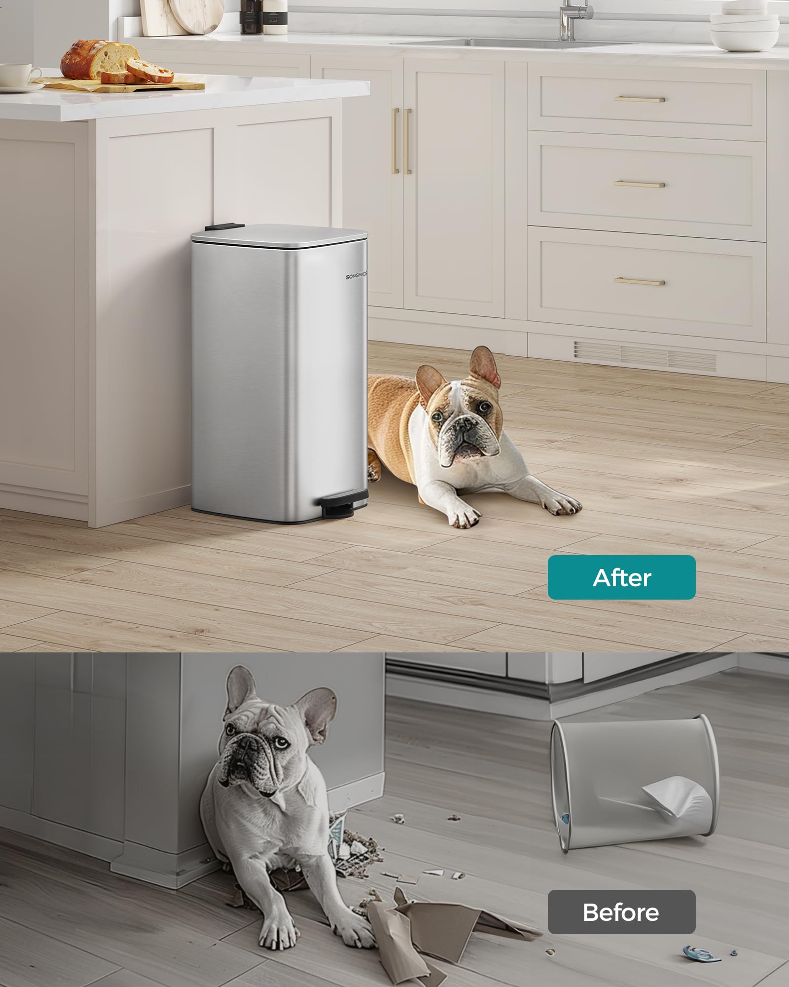 SONGMICS Kitchen Bin, 8-Gallon (30 L) Trash Bin, Steel Pedal Bin, with Inner Bucket, Soft Close and Stays Open, Metallic Silver LTB593E01