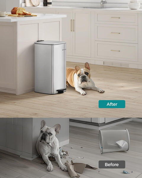 SONGMICS Kitchen Bin, 8-Gallon (30 L) Trash Bin, Steel Pedal Bin, with Inner Bucket, Soft Close and Stays Open, Metallic Silver LTB593E01