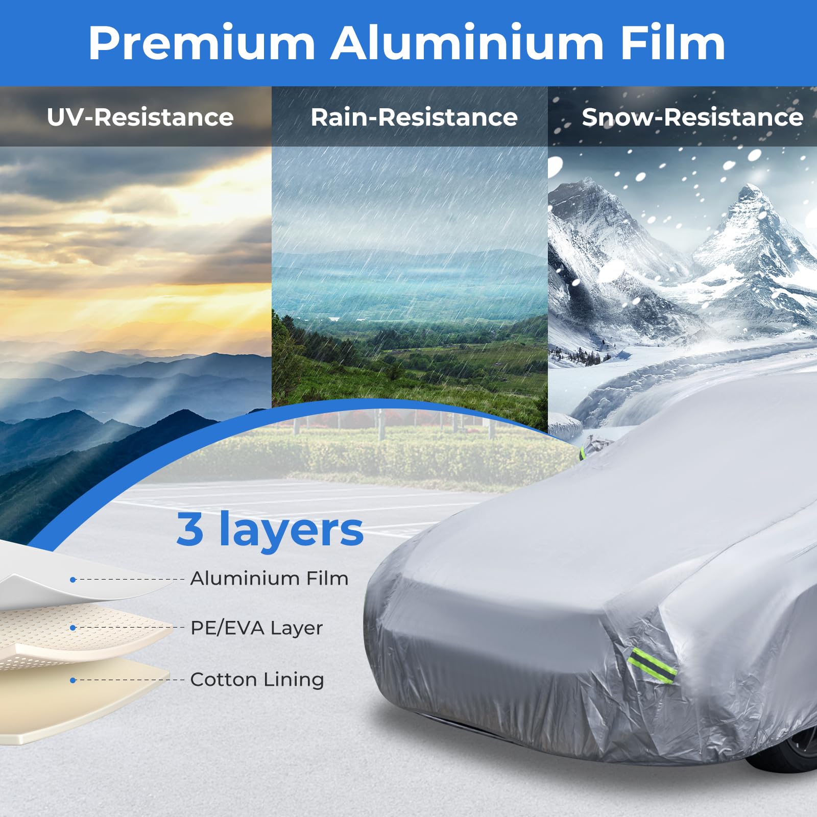 COSTWAY Car Cover Waterproof, Universal Full Car Cover with Zipper Door, Reflective Strips & Storage Bag, All Weather Windproof Snowproof UV Protection (Fit Sedan, Length Up to 190”(482cm))