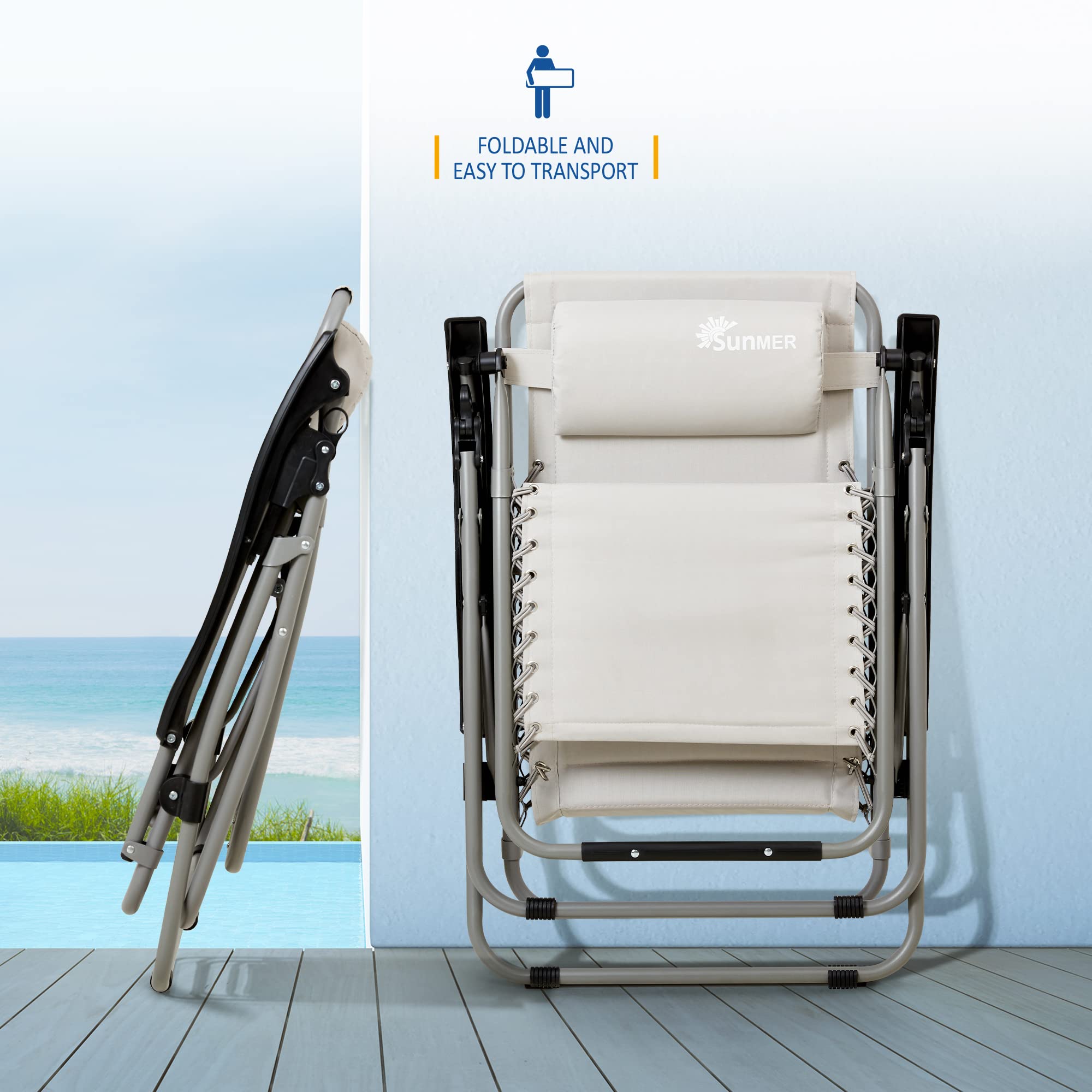 Set of 2 Sun Lounger Garden Chairs With Cup And Phone Holder | Adjustable Headrest Pillow | Deck Folding Recliner Zero Gravity Outdoor Chair - Black