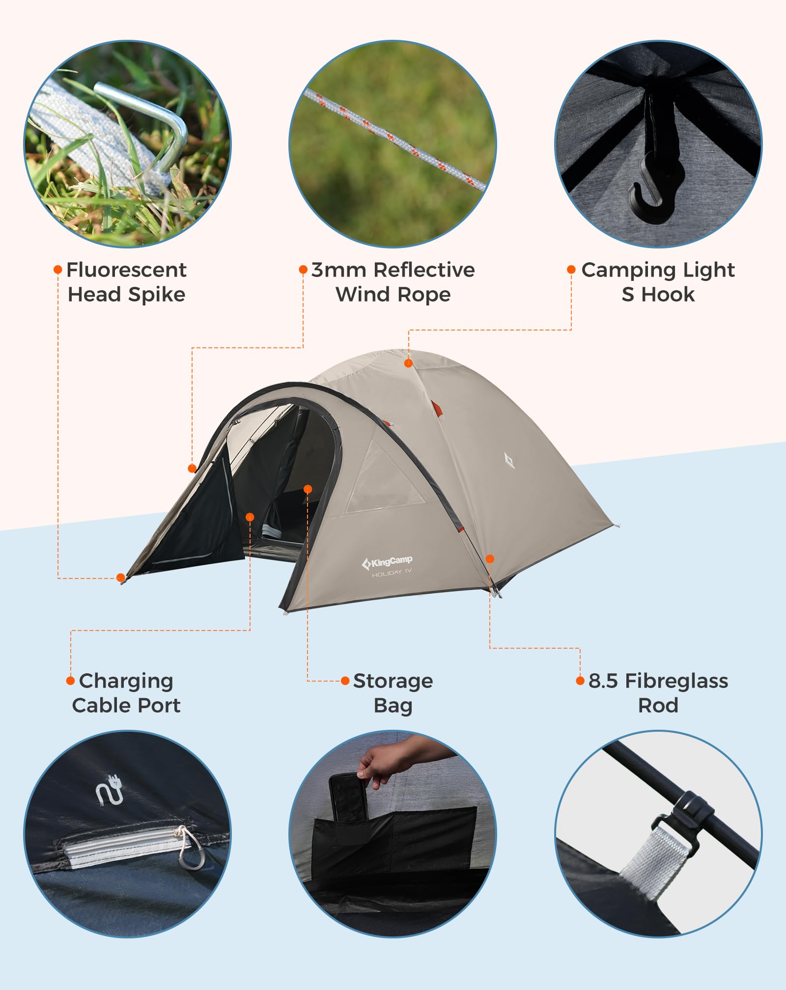 KingCamp Camping Tent for 4 Man, Ultralight Waterproof Dome Tent, Compact and Backpack-Friendly, Ideal Tent for Camping, Trekking and Outdoors