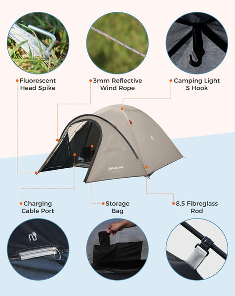 KingCamp Camping Tent for 4 Man, Ultralight Waterproof Dome Tent, Compact and Backpack-Friendly, Ideal Tent for Camping, Trekking and Outdoors