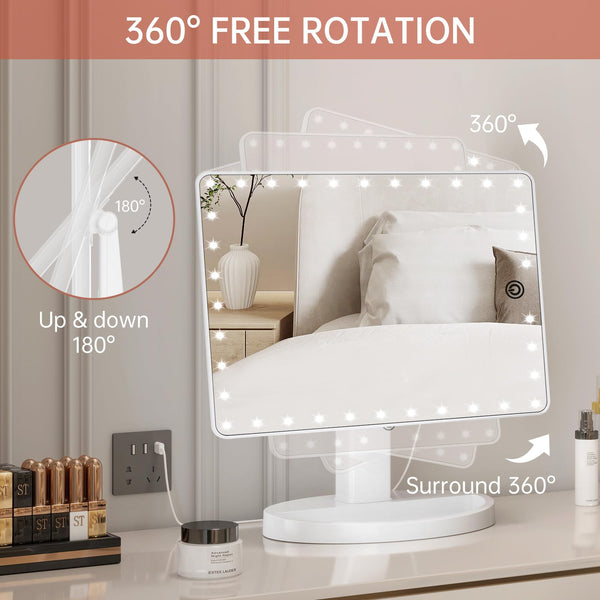 FUNTOUCH Large Lighted Vanity Makeup Mirror (X-Large) with 35 LED Lights, Touch Screen Dimmable and 10X Magnification Dual Power Supply 360Rotation
