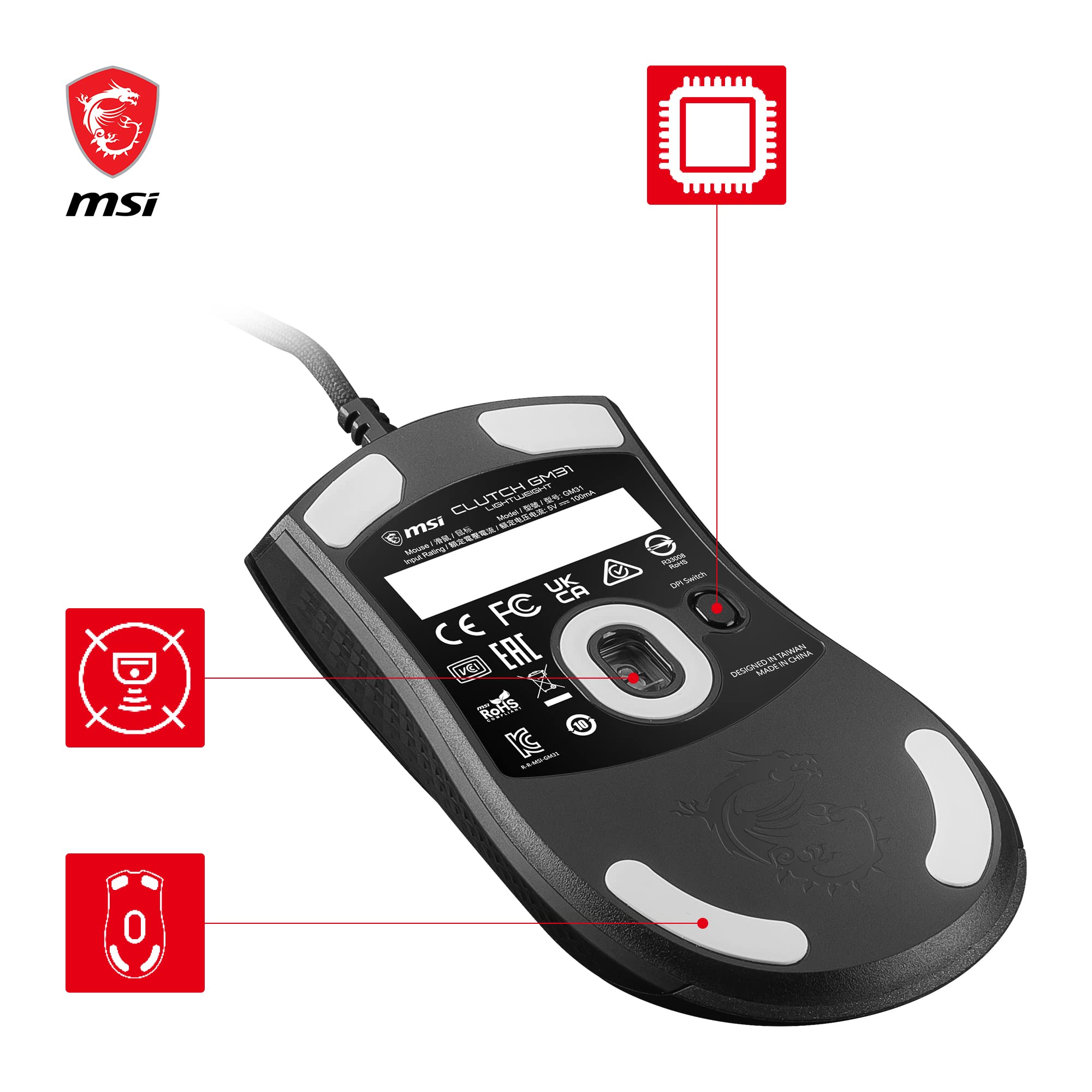 MSI CLUTCH GM51 LIGHTWEIGHT Gaming Mouse - 26000 DPI Optical Sensor, Elite 0.125ms Latency, 60M+ Click OMRON Switches, 6-Buttons, FriXionFree Cable, RGB Diamond LightGrips, 75g - Wired