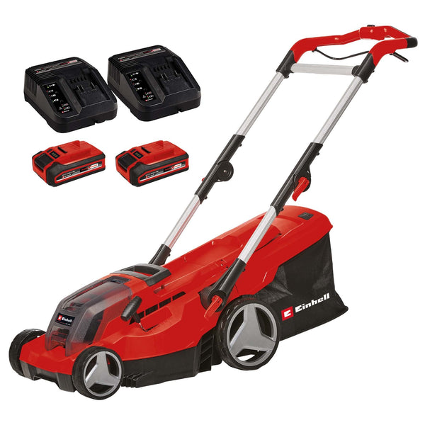 Einhell Power X-Change 36/43 Cordless Lawnmower With Battery (x2) and Charger (x2) - 36V, 43cm Cutting Width, 63L Grass Box, 6 Cutting Heights, Mulching - GE-CM 43 Li M Battery Lawn Mower Red / Black