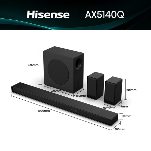 Hisense AX5125H 5.1.2 Channel 500W Dolby Atmos Soundbar with Wireless Subwoofer& Up Firing Speakers& Turly Wireless Rear Speakers