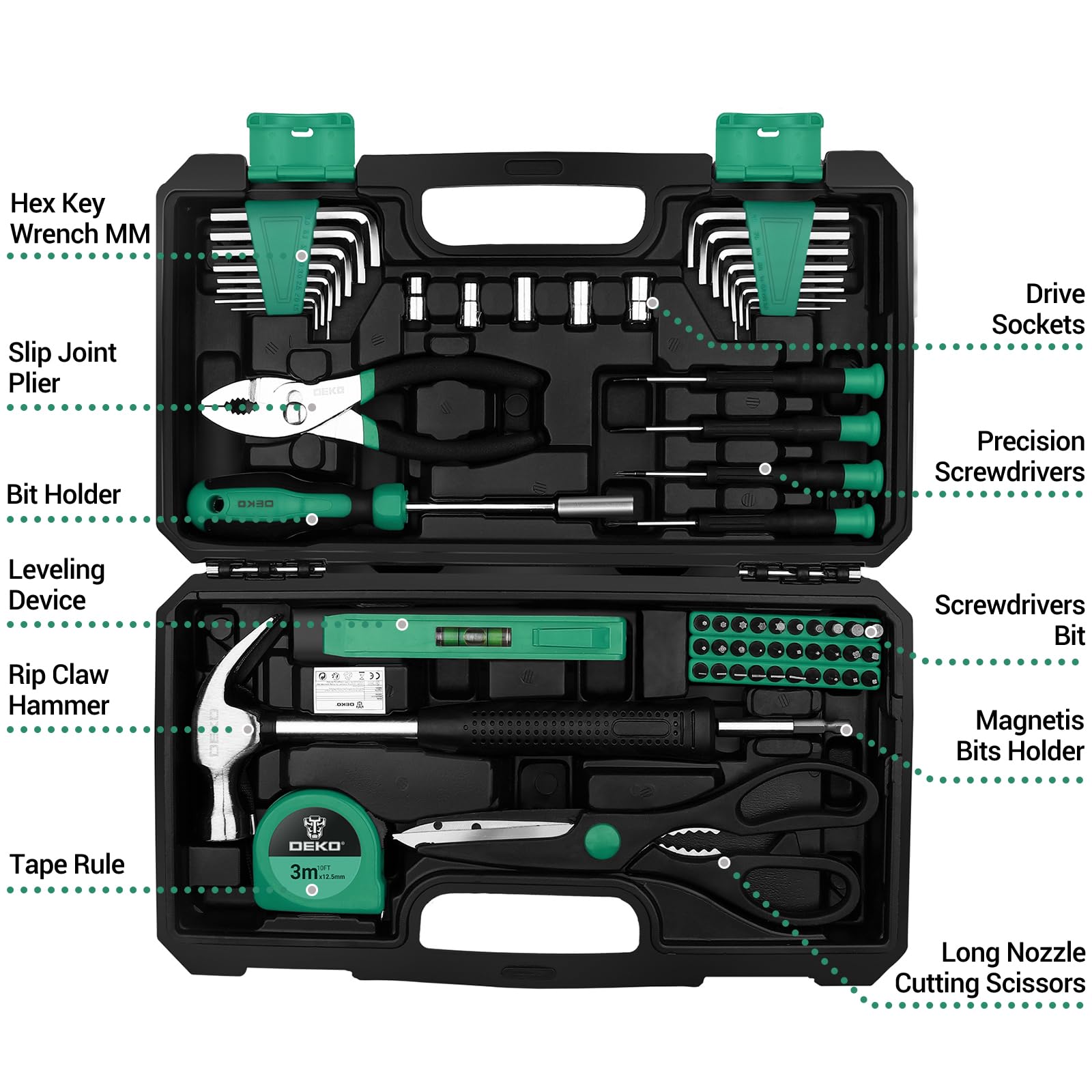 DEKO Tool Kit Set Box 62 Piece Home Repair DIY Tools Basic Hand Toolbox Sets for Home