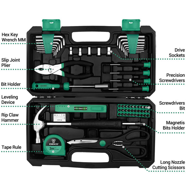 DEKO Tool Kit Set Box 62 Piece Home Repair DIY Tools Basic Hand Toolbox Sets for Home