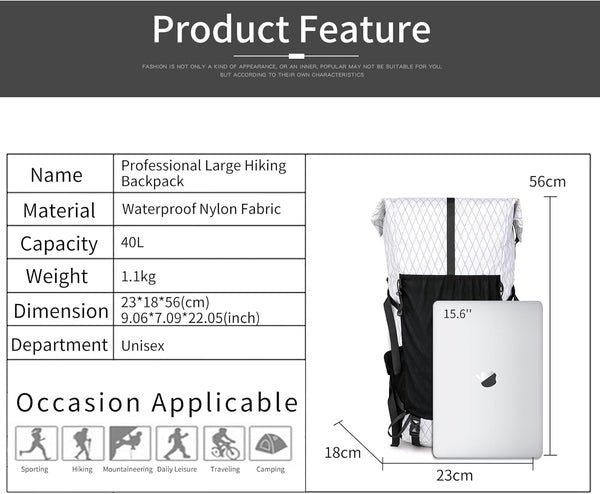 POWER KING 40L Expandable TO 50L Hiking Backpack,Upgraded X-PAC Scratch-proof Lightweight Large Rucksack for Mens Women, Outdoor Roll Top Camping Packsack, Fit for 15.6'' Laptop