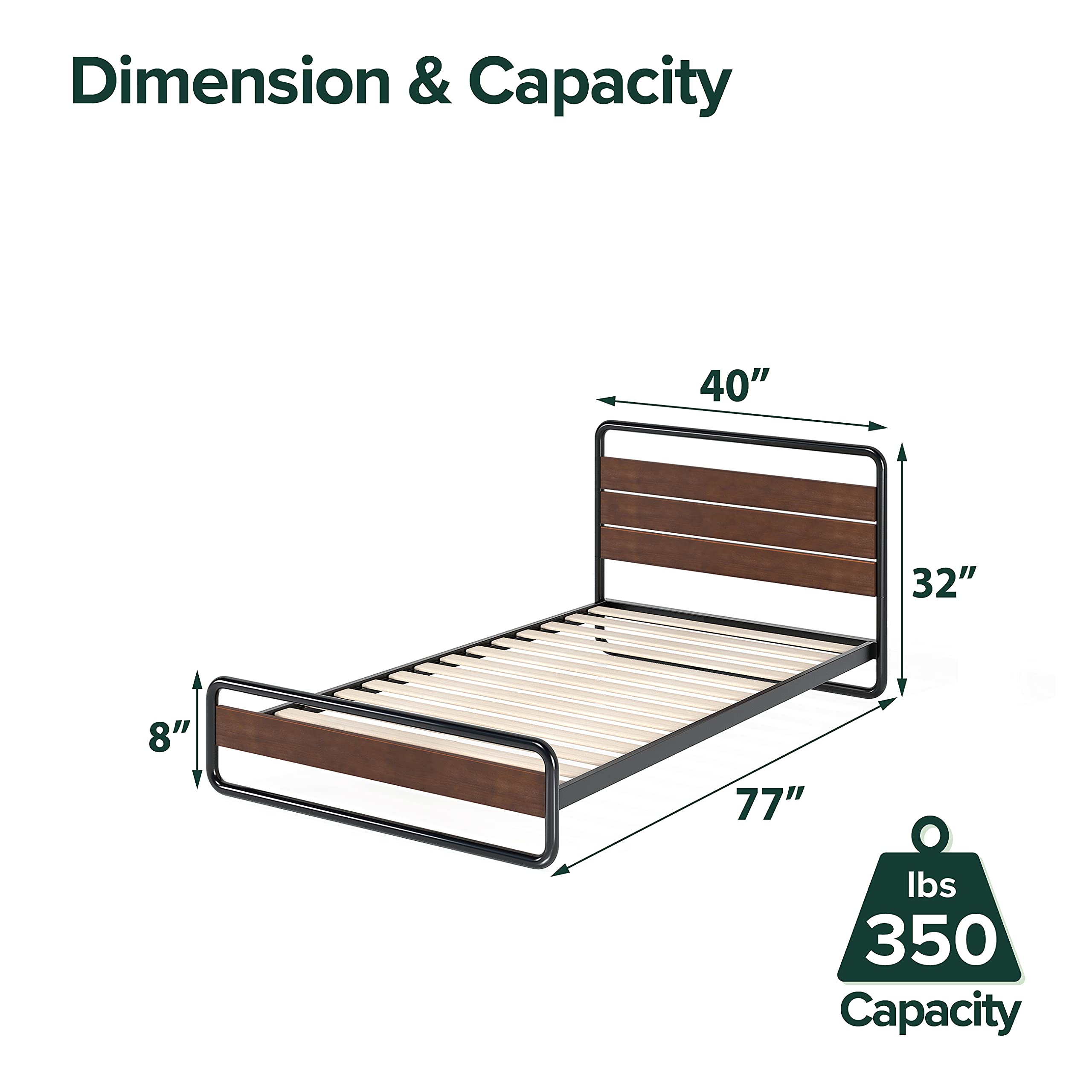 Zinus Therese Single Bed frame - Bed 90x190 cm - 20 cm Height - Metal and Wood Platform bed frame with wood slat support - Brown