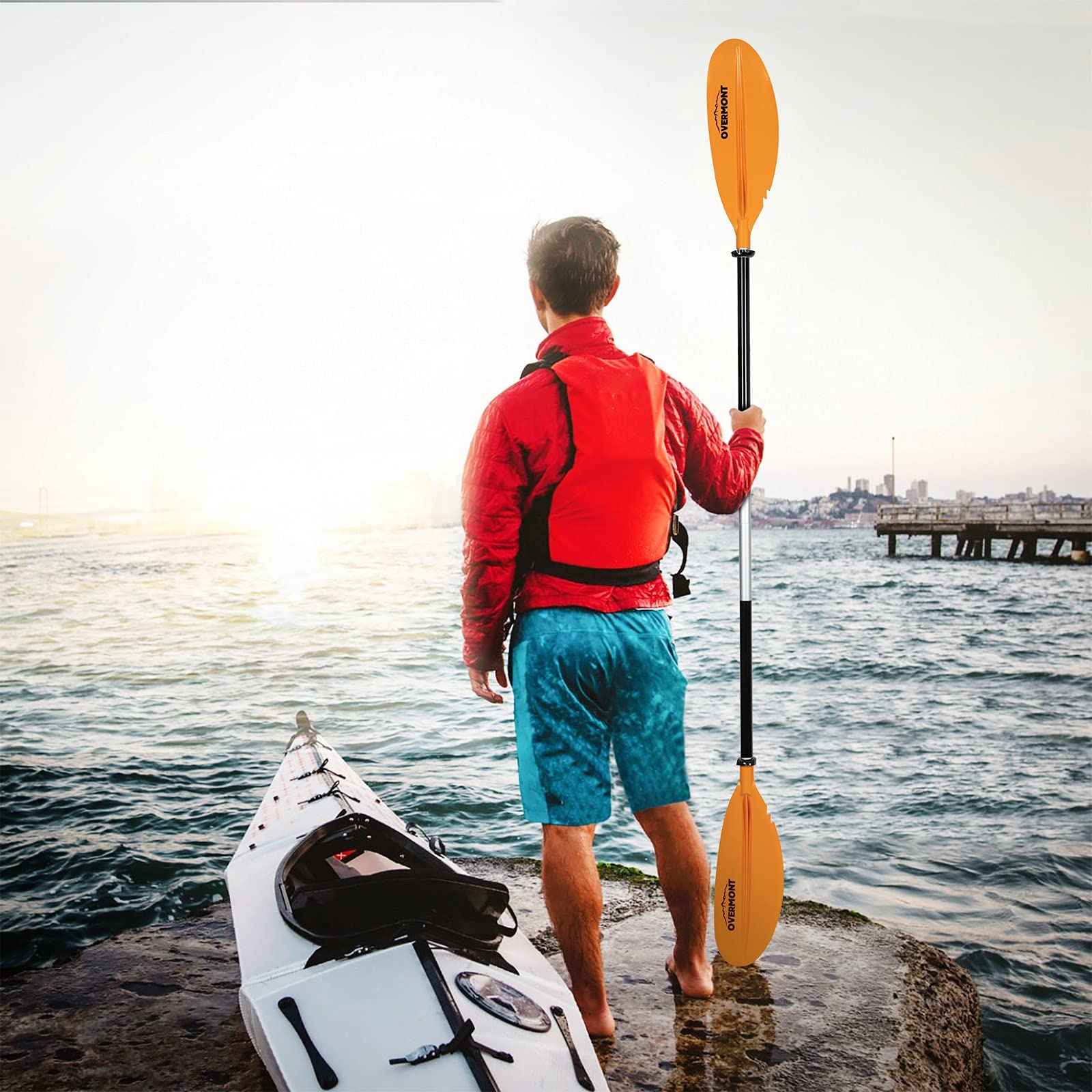 OVERMONT Aluminum Kayak Paddle 230cm/90.5in with Paddle Leash Lightweight Adjustable Portable Detachable Paddles Oars for Inflatable Boat Kayak