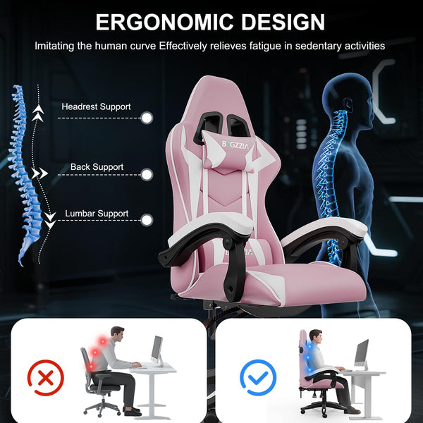 bigzzia Ergonomic Gaming Chair - Gamer Chairs with Lumbar Cushion + Headrest, Height-Adjustable Office & Computer Chair for Adults (without footrest, White)