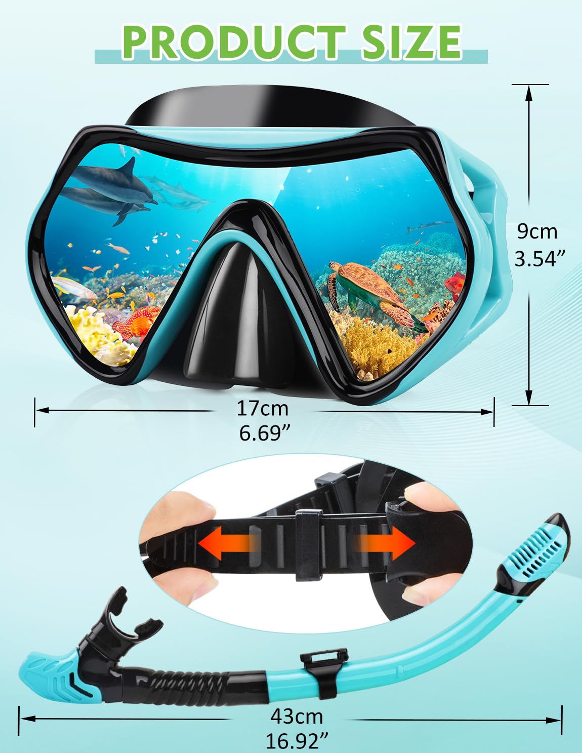 Hydomi Snorkel Set Adults 180° Panoramic Anti-Fog Snorkel Mask with Dry Top Valve, Leak-Proof Tempered Glass Diving Set for Swimming Snorkeling, Travel-Friendly Kit with Adjustable Straps