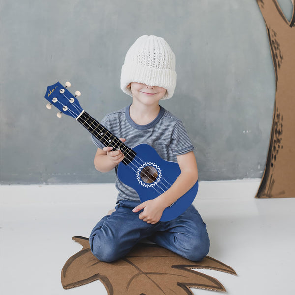 ADM Soprano Ukulele Set for Kids and Beginners, Ukulele Starter Kit with Bag, Clip-On Tuner, Rainbow Strings, Colourful Strap, Plectrum, Fingerboard Sticker, Chord Card (Dark Blue)