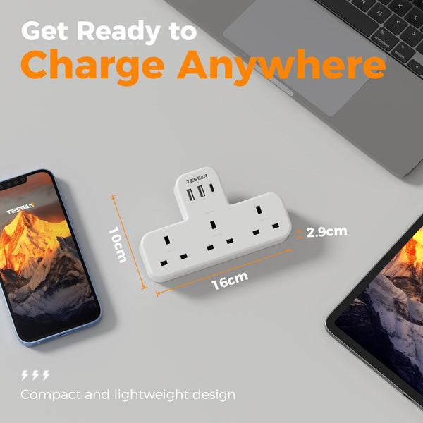 Plug Adapter, TESSAN Plug Extension Socket with 3 USB, 3 Way UK Multi Outlets Extender, Wall Charger for School Home, Kitchen, Office, School Supplies