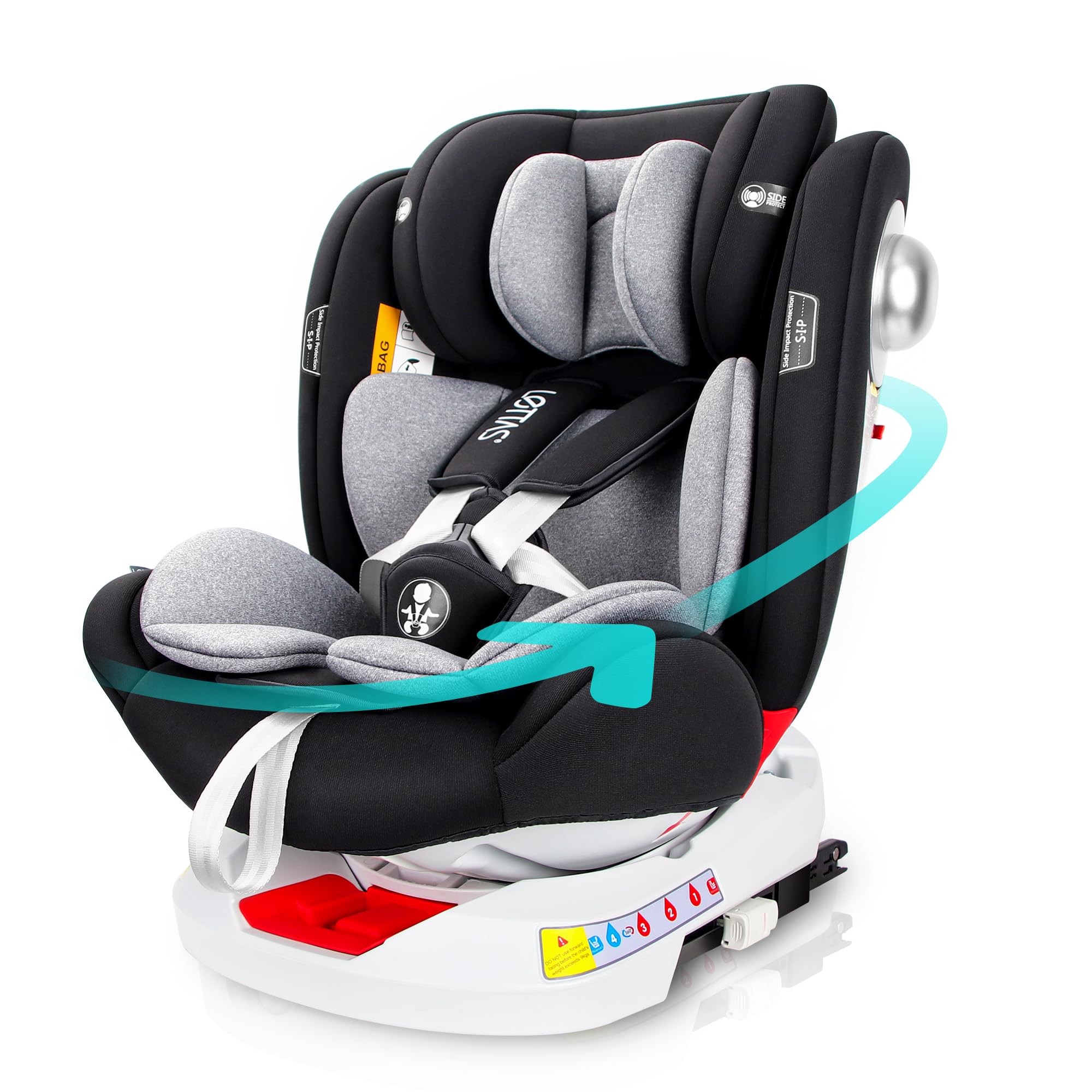 LETTAS 360 Rotation Baby Car Seat with Isofix Group 0+1/2/3 (0-36 kg, 0-12 Years) Maximum Recline 165° for Rear Facing, SIPS