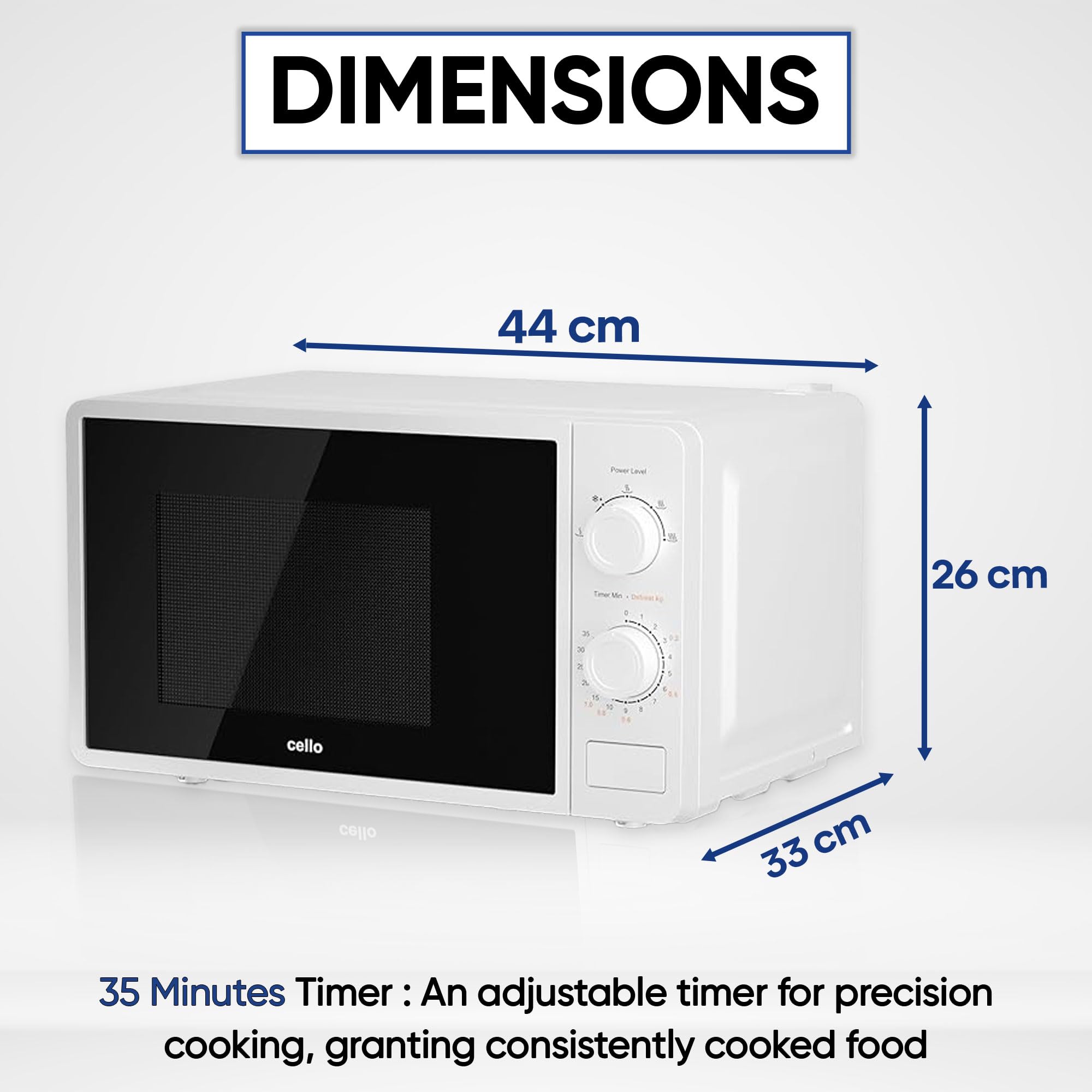 Cello 800W Microwave Oven with 20 Litre Capacity 5 Power levels and defrost function, White, Manual control, Clock kitchen timer WEMA10