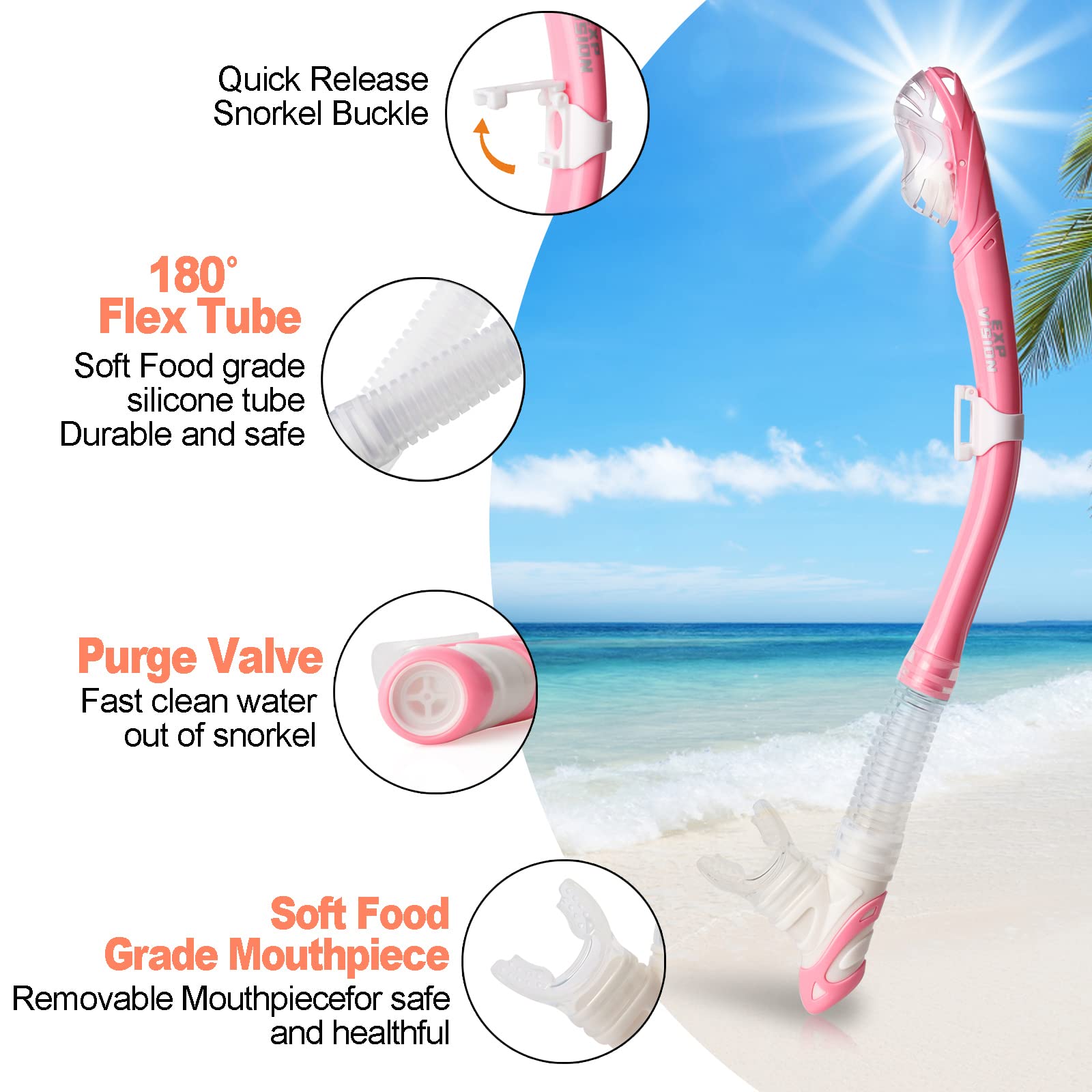 Dry Snorkel Set, Pano 3 Window Snorkel Mask, Anti-Fog Scuba Diving Goggles and Snorkel, Professional Adult Snorkeling Swim Mask Gear (Pink Set)