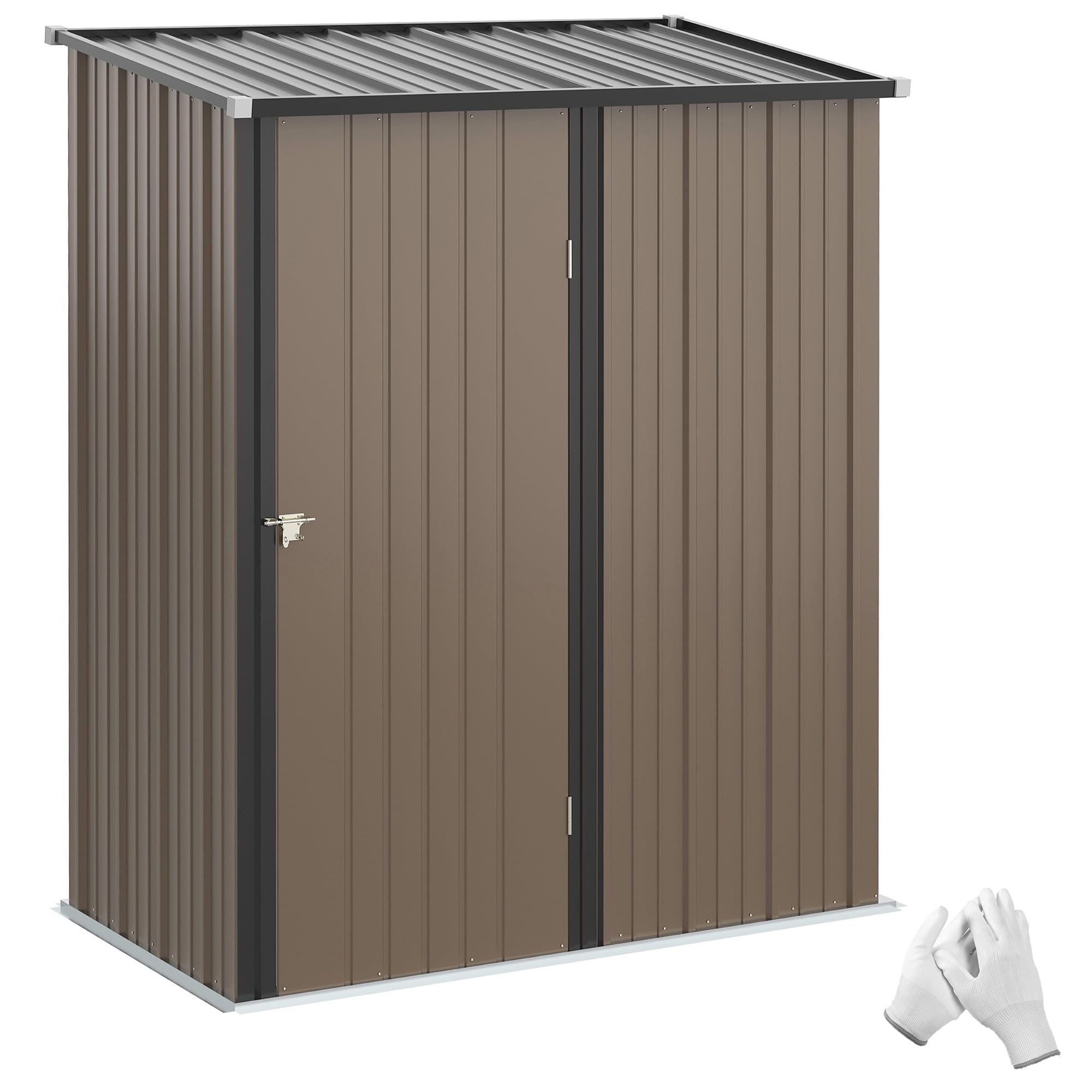 Outsunny 5ft x 3ft Lean to Garden Shed, Metal Outdoor Storage Shed with Single Lockable Door, Tool Storage Shed for Garden, Patio, Brown