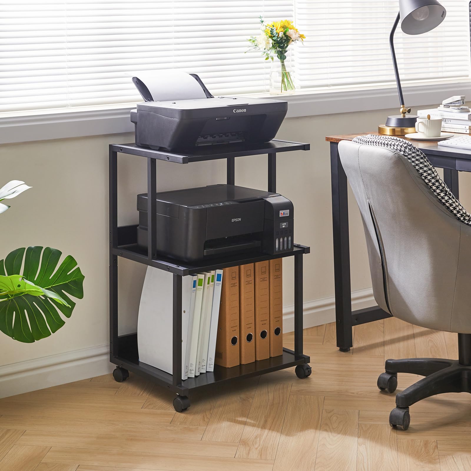 IBUYKE Black Printer Stand with Storage Shelf,3 Tier Printer Table with Wheels,Printer Cart for Home Office Organization, Rolling Cart Stand for Heat