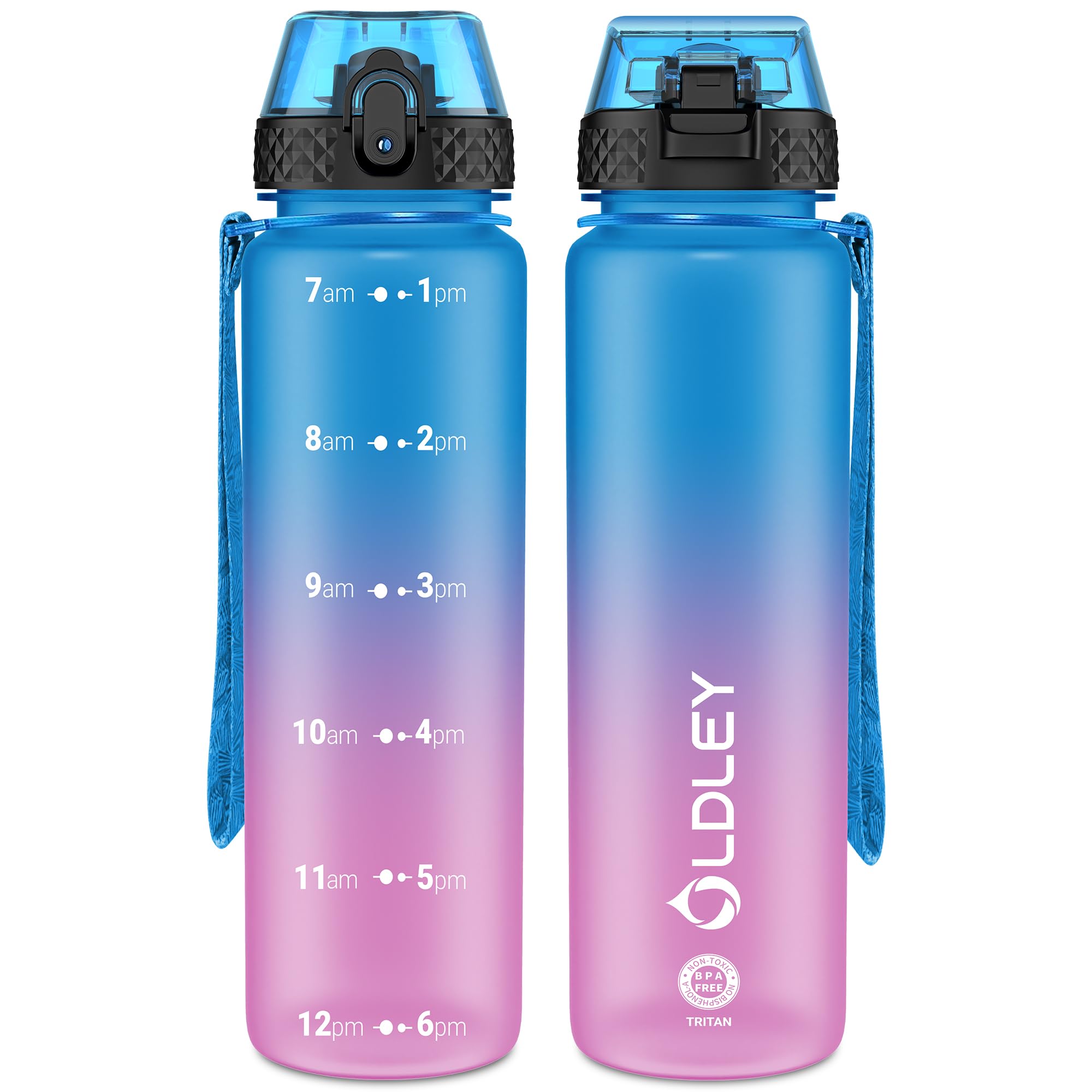 OLDLEY 1L/32oz Sports Water Bottle, 1000ml Motivational Drinks Bottle with Time Markings Leak Proof Drink & Lock Cover & No Straw, BPA Free for Adults Women Men Gym School Cycling Running Hiking