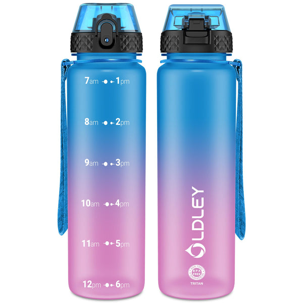 OLDLEY 1L/32oz Sports Water Bottle, 1000ml Motivational Drinks Bottle with Time Markings Leak Proof Drink & Lock Cover & No Straw, BPA Free for Adults Women Men Gym School Cycling Running Hiking