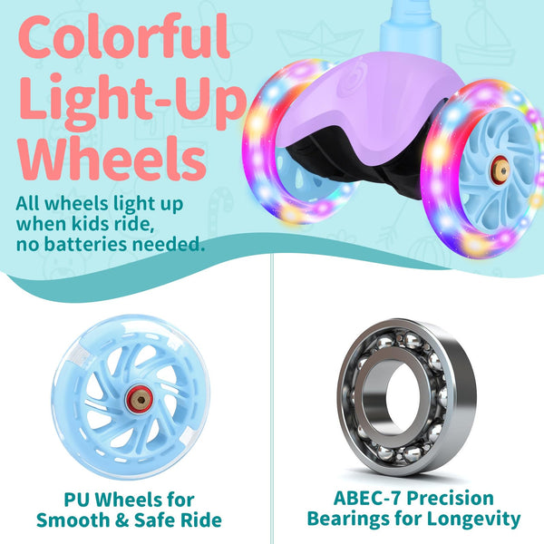 BELEEV Scooter for Kids Ages 2-6, 3 Wheel Scooter for Children Toddlers Girls Boys, Light-Up Wheels, 4 Adjustable Height, Lean to Steer, Non-Slip