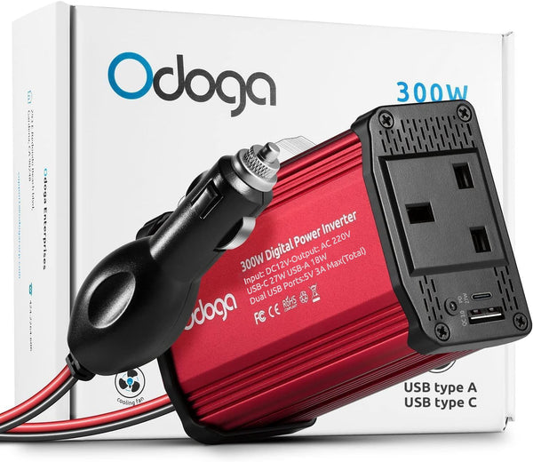 Odoga 300W Car Power Inverter 12V to 240V / 230V Converter, USB-A and USB-C 3A Charging Ports - Charge Your Laptop, iPad, iPhone, Tablet, Consoles & More - Durable and Powerful - Black Aluminum Body