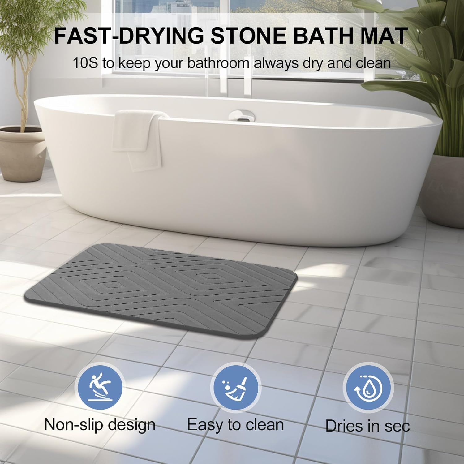 HUMIGA 2 Pack Stone Bath Mat, Diatomaceous Earth Shower Mat, Non-Slip Super Absorbent Quick Drying Bathroom Kitchen Floor Mat, 24x15, Grey