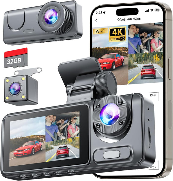 Dash Cam Front and Rear, 4K Full HD Dash Camera with 32GB SD Card, 3 Channel Dash Cam for Cars, Dashcam with Night Vision, 24H Parking Mode, G-Sensor, Loop Recording, 170°Wide Angle