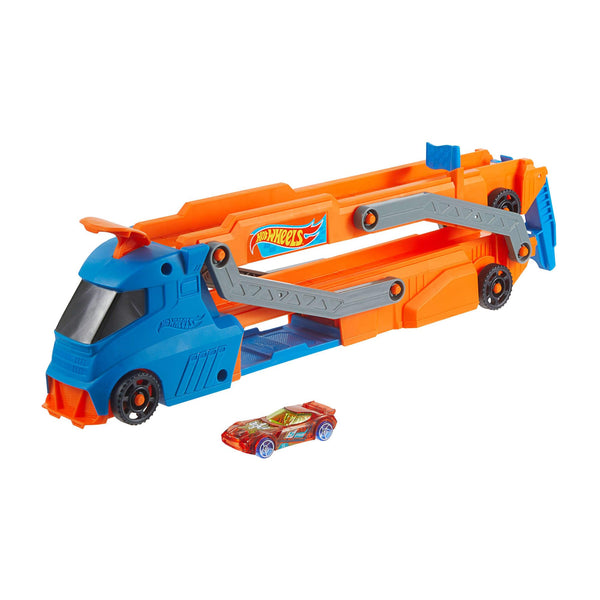 Hot Wheels - Speedway Hauler Storage Carrier with 3 1:64 Scale Cars & Convertible 6-Foot Drag Race Track for Kids 4 to 8 years Old, Stores 20+ Cars & Connects to Other Playsets, HGH33