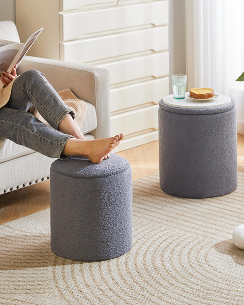 IBUYKE Teddy Velvet Vanity Stool for Makeup, Set of 2 Round Ottoman with Storage, Modern Padded Seat Coffee Table, Multipurpose Footrest Stool for