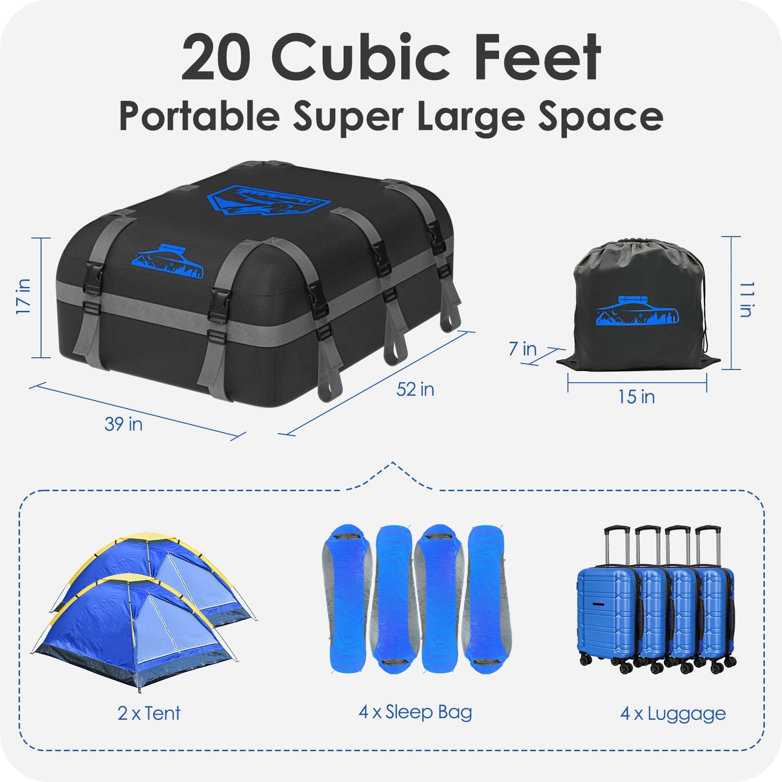 BOYUJK Car Roof Bag - 20 Cubic/566L, Waterproof, No Rack Needed, Anti-Slip Mat & 6 Heavy-Duty Straps, Folding Soft Roof Box (Blue, 566L)