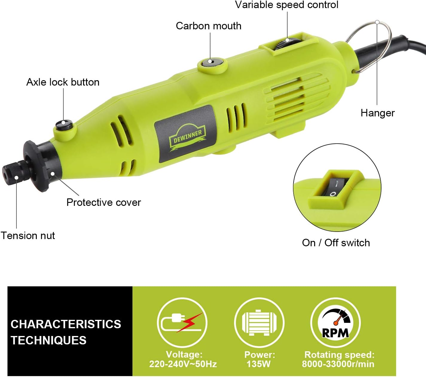 DEWINNER Rotary Multi-Tool, 135W 6 Variable Speed 8000-35000 RPM, 233 pcs Accessories Mini Tool Kit Set Case, DIY Creation for Craft Project Functional Polishing Cleaning Cutting Sanding Carving